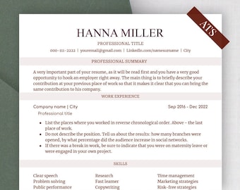 ATS Friendly Resume Template Google Docs Resume Template Word, Modern Resume ATS, CV Template Minimalistic Resume Word, Resume Google Docs
