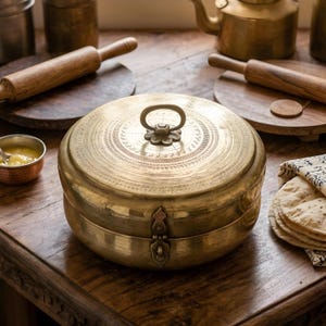 Puede incluir: Un recipiente redondo de latón con una tapa que presenta un patrón floral grabado y un asa central. El recipiente tiene un cierre de metal en la parte frontal para asegurar la tapa. La superficie del latón tiene un acabado dorado metálico pulido.