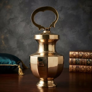 May include: A polished brass vessel featuring a wide, faceted body, a narrow neck, and a prominent, ornate handle shaped like a stylized loop. The metallic surface reflects light, highlighting its smooth, reflective finish and geometric form.