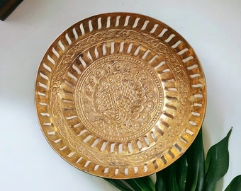 Vintage Rare Very Beautifully Engraved Pure Brass Peacock Design Pierced Border Fruit Bowl