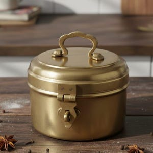 Caja cilíndrica vintage de latón puro, rara, con asa y sistema de cierre.