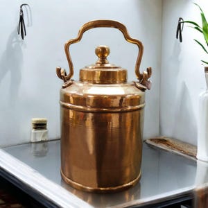 Original Antique Pure Brass Oil - Ghee - Milk Can with Unique Shape Handle & Lid