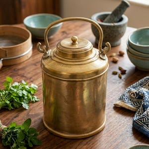 Vintage Brass Barni Canister – Traditional Milk, Ghee, Oil Storage Antique Kitchenware