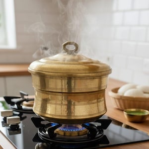 Sällsynt vintage Idli-ångkokare i mässing – sydindiskt köksredskap med 9 formar