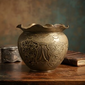 Puede incluir: Un cuenco de latón con un borde festoneado y ondulado y un cuerpo redondeado. El exterior presenta una superficie texturizada y punteada con paneles en relieve que representan intrincados motivos florales y de enredaderas. El metal tiene un acabado dorado envejecido.