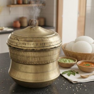 Vintage mässings Idli ångkokare – traditionellt indiskt kokkärl med insatser, formar