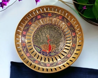 Vintage Rare Very Beautifully Engraved Pure Brass Peacock Design Pierced Border Fruit Bowl
