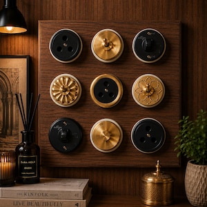 May include: A square wooden display board featuring nine circular electrical components arranged in a three-by-three grid. The collection includes various brass toggle switches, black power outlets, and decorative brass plates with intricate patterns.
