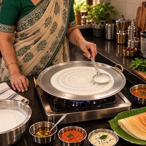 May include: A large, round, silver-colored metal griddle with two gold-toned handles sits on a gas stove. A thin, circular layer of white batter is being spread across the surface with a small, round, silver-colored metal ladle.