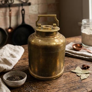 Rare Vintage Brass Barni Canister – Large Airtight Milk Ghee Oil Storage Antique Kitchenware