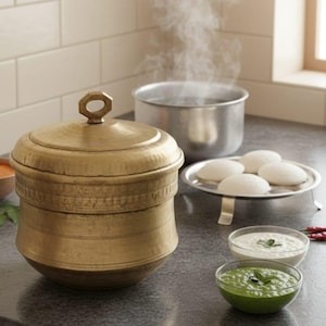 Vintage mässings Idli ångkokare – traditionellt sydindiskt kokkärl, 9 formar