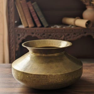 May include: A vintage brass pot with a wide, rounded body and a flared rim. The pot has a warm, golden hue and sits on a wooden surface. The background includes a wooden shelf with books and a rolled scroll.