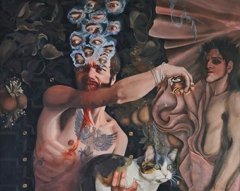 Marsyas et Apollon, huile sur toile, 3 pi x 4 pi, 2023