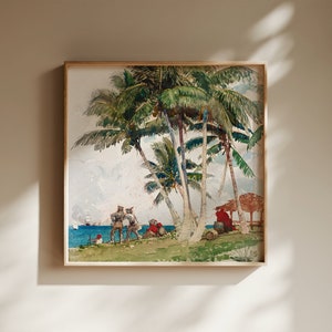 Pu&ograve; includere: Una stampa ad acquerello incorniciata raffigura una scena di spiaggia tropicale. Le palme con fronde verdi e tronchi marroni incorniciano la vista sull'oceano e sul cielo. Figure in abiti d'epoca sono riunite sulla riva.