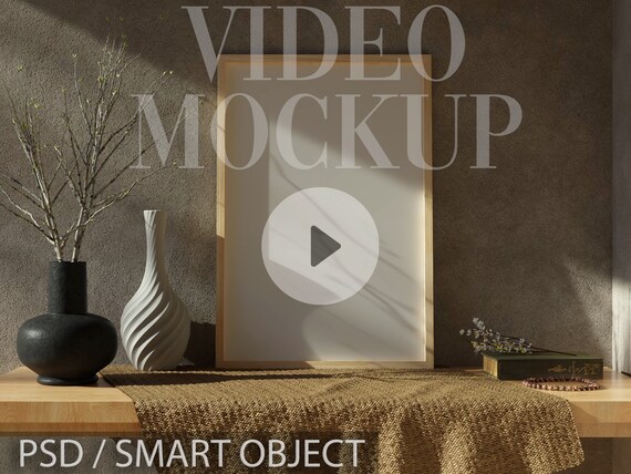 Animated Wood Frame Mockup: Natural Shadows, Vertical 2x3 (PSD, MP4)