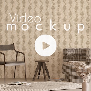 May include: A video mockup scene featuring a chair, stool, and patterned armchair. The background is a beige wallpaper with a floral design. A play button graphic is centered. The words "Video mockup" are displayed in white.