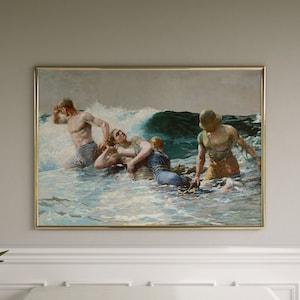 May include: A painting depicting a group of people in the water. The people are in a rough sea with large waves. The painting is done in a realistic style with muted colors.