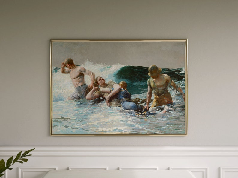 May include: A painting depicting a group of people in the water. The people are in a rough sea with large waves. The painting is done in a realistic style with muted colors.