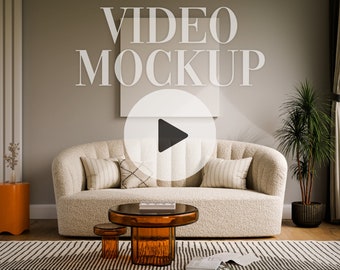 Square Canvas Video Mockup: Living Room Animated Display (PSD & MP4)