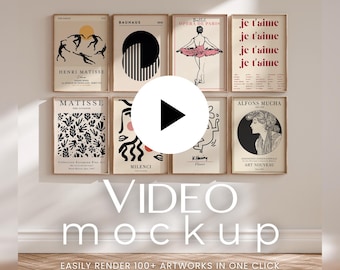 8 Frame Gallery Wall Video Mockup, Batch Render Mockup, Multi-Platform: Photoshop, Blender + Add-on, Photopea