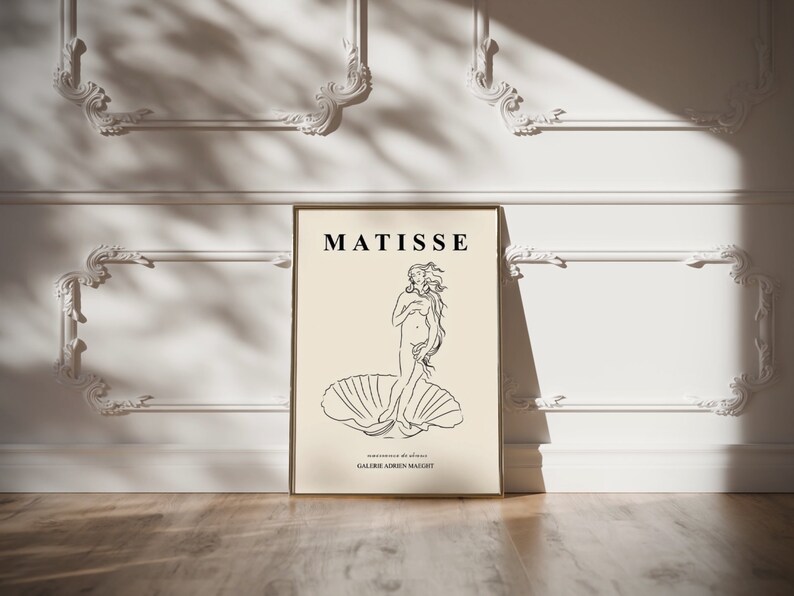 May include: A black and white line drawing of a woman standing on a shell. The drawing is titled "MATISSE" and is from "GALERIE ADRIEN MAEGHT".