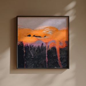 Pu&ograve; includere: Stampa artistica astratta in una cornice nera. L'opera presenta un paesaggio con tonalit&agrave; arancioni e viola su una base nera. Il dipinto ha un aspetto strutturato, con pennellate, creando un effetto visivo dinamico.