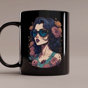 May include: Black ceramic mug with a colorful illustration of a woman wearing sunglasses and surrounded by flowers.