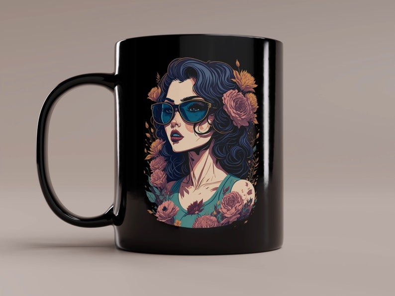 May include: Black ceramic mug with a colorful illustration of a woman wearing sunglasses and surrounded by flowers.