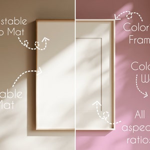 Pu&ograve; includere: Un mockup di opera d'arte incorniciata con un passe-partout e una cornice bianchi, su una parete bicolore. Il testo indica funzionalit&agrave; come passe-partout automatico regolabile, colora cornice e parete, disabilita passe-partout e tutti i rapporti dimensionali.