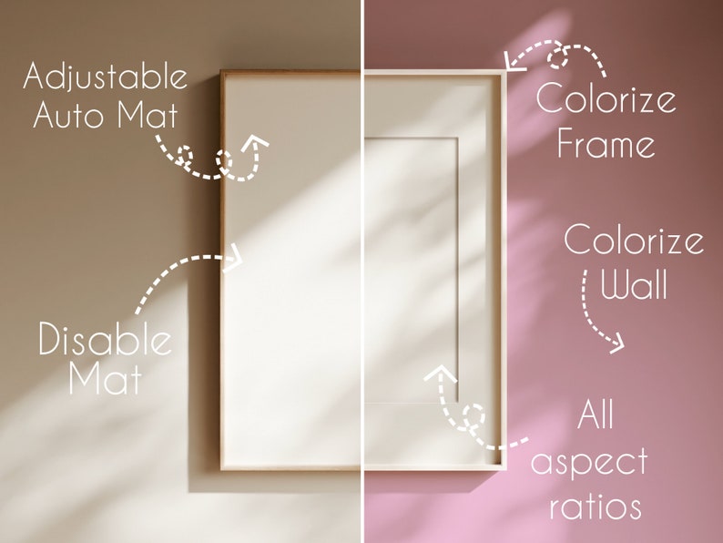 Pu&ograve; includere: Un mockup di opera d'arte incorniciata con un passe-partout e una cornice bianchi, su una parete bicolore. Il testo indica funzionalit&agrave; come passe-partout automatico regolabile, colora cornice e parete, disabilita passe-partout e tutti i rapporti dimensionali.