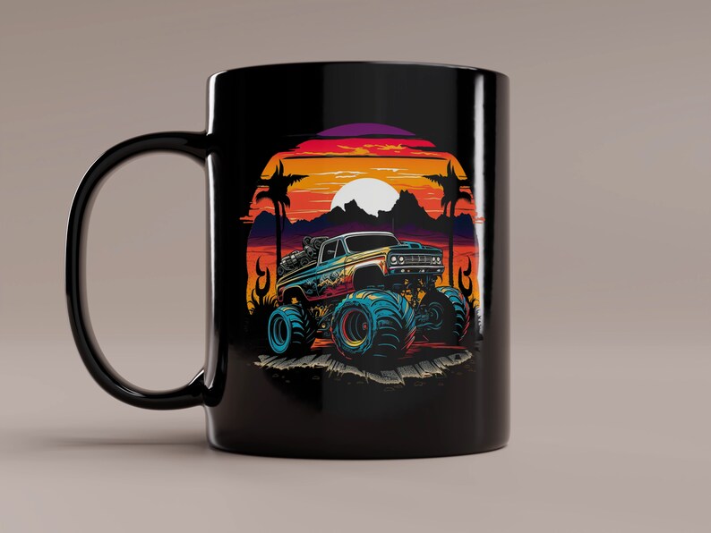 May include: Black ceramic mug with a colorful illustration of a monster truck driving through a sunset landscape with palm trees.