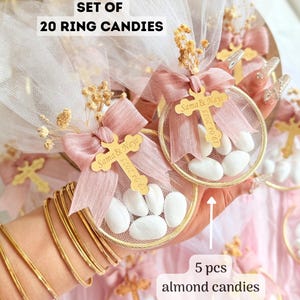 Personalized Baptism Almond Candy Favor: Ring Tulle Bag with Dried Flowers