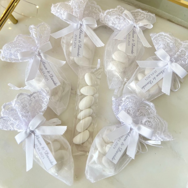 Customized Almond Candy Wedding Favors,Jordan Almonds in Custom Lace Bag,Engagement Candy Favors,Save the Date Favors,Guest Favors in Bulk