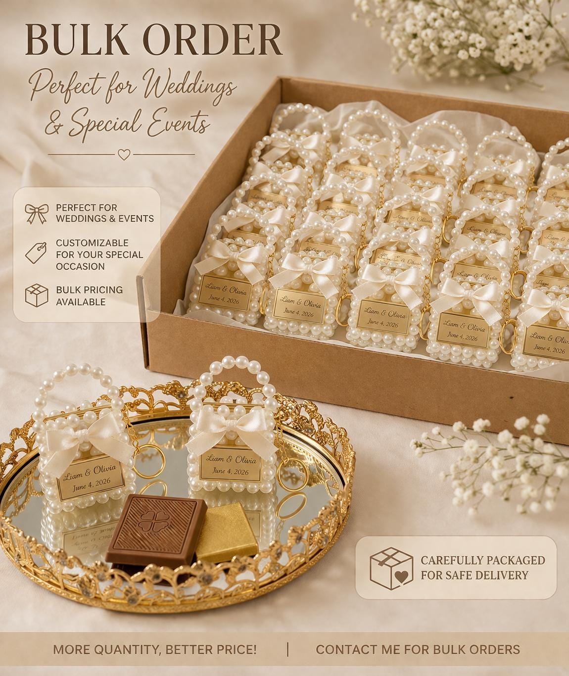 Personalized Pearl Wedding Favor Bag With Chocolate, Elegant Thank You ...