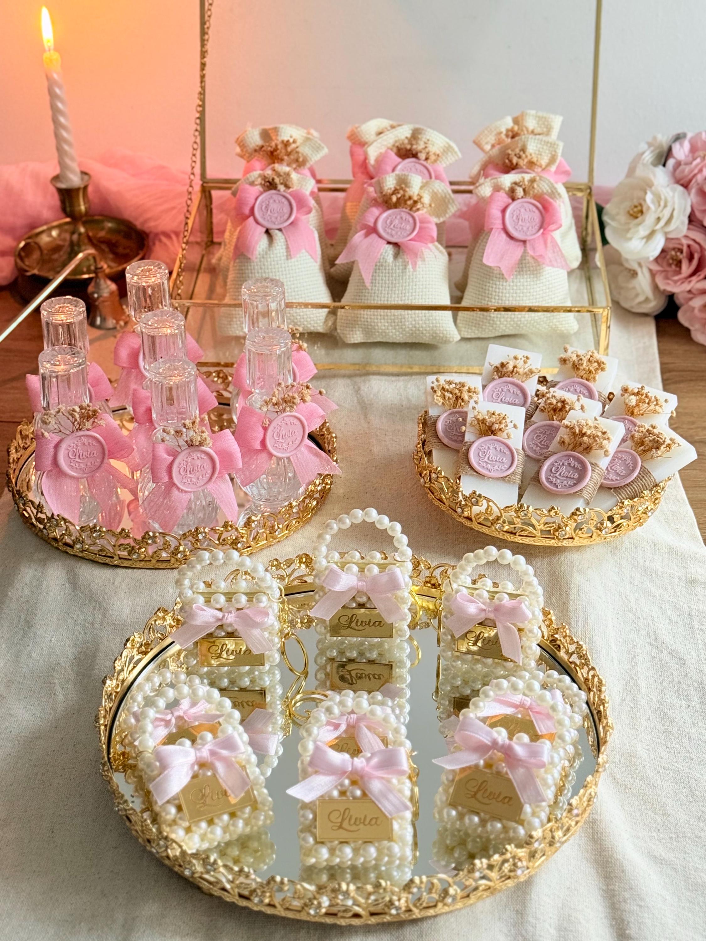 Personalized Baby Girl Shower Favor Set, Pearl Bag, Chocolate, Soap ...
