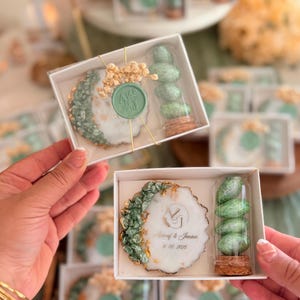 Personalized Sage Green Wedding Favor: Magnet & Almond Candy Box