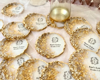 Personalized Wedding Epoxy Coasters, Gold Flake Resin Favors