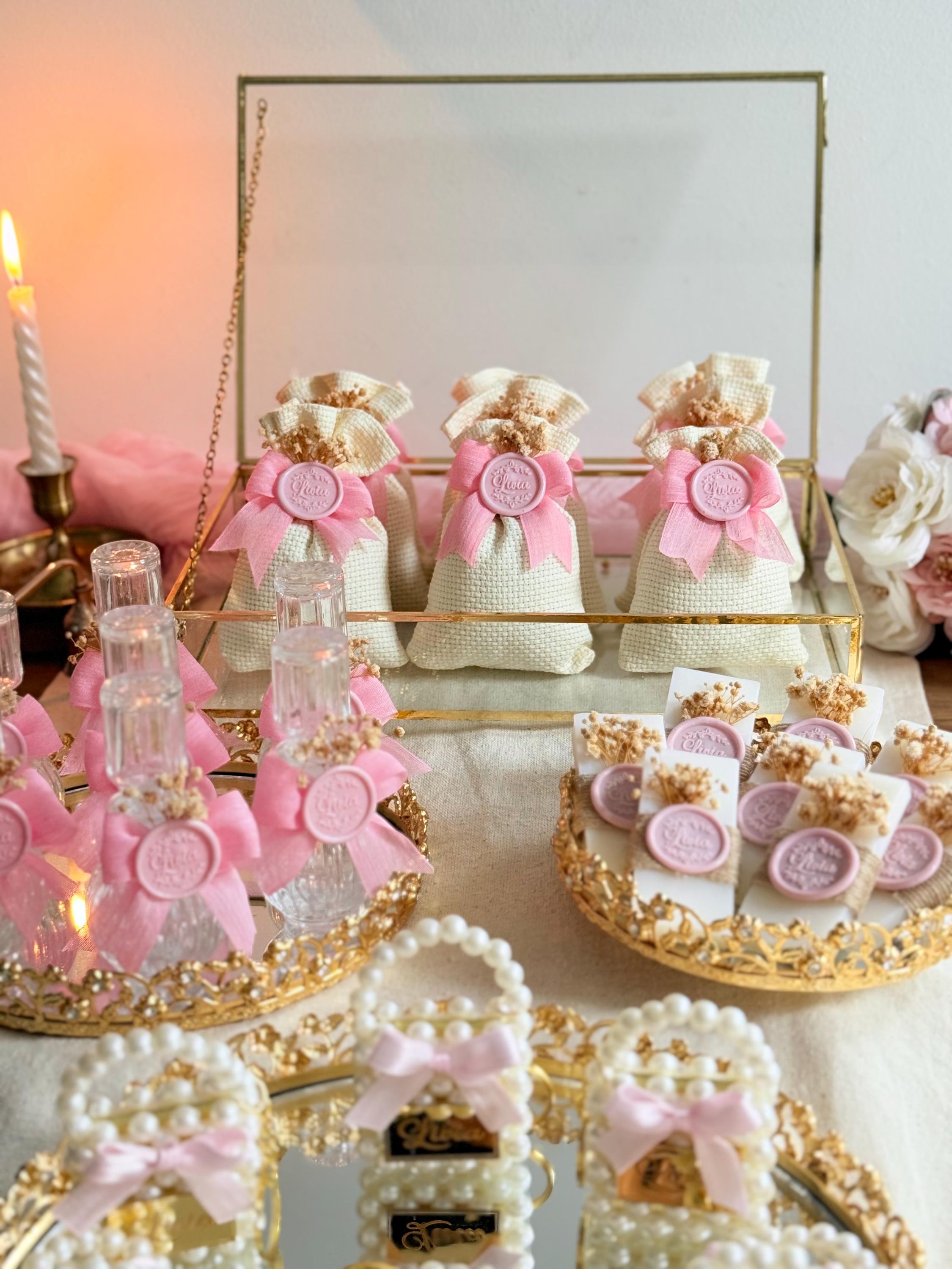Personalized Baby Girl Shower Favor Set, Pearl Bag, Chocolate, Soap ...