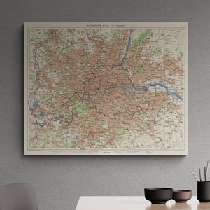 Vintage Karte Landkarte London und Umgebung 1955 Street Plan Alte englische Karte Antiker Atlas Druck Poster Fluss Themse Wand Kunst Retro Wohn Dekor Geschenk