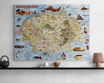 Póster vintage del mapa de Navajoland, EE. UU.: Arte indígena americano ilustrado de 1968