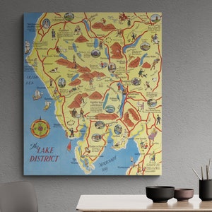 Retro Illustrierte Seenplatte Landkarte 1955 Alte englische Touristenkarte Antike UK Druck Mooren Poster Morecambe Bay Wand Kunst Retro Wohnkultur Geschenk