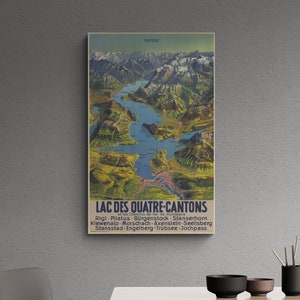 Mapa de viaje retro del lago de Lucerna, Suiza, 1935, Lac Des Quatre Cantons Suisse Art, Mapa ilustrado de historia europea, Póster Arte de la pared Decoración