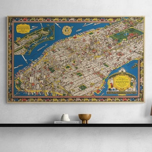 Mapa antiguo de Manhattan Nueva York 1926 Estilo Art Déco Pictórico Ilustrado Cartel de la calle Historia de EE. UU. Americana Mapa Arte de la pared Decoración del hogar Regalo
