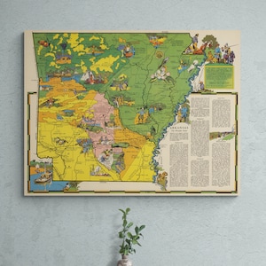 Vintage Karte Arkansas Karte 1941 Alte bildhafte Karte Antik Illustriert Romantische Geschichte Druck Klassenzimmer Poster Wand Kunst Retro Wohnkultur Geschenk