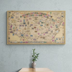 El mapa pictórico de los sellos de los Estados Unidos, 1949, colección de sellos de filatelia vintage, cartel americana, oficina de correos, arte de pared, decoración del hogar, regalo