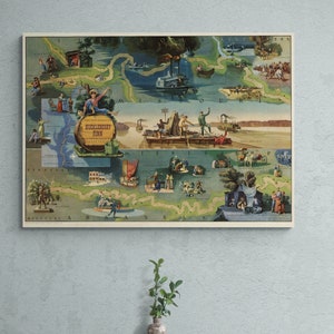 Vintage Pictorial Map The Adventures of Huckleberry Finn 1959 American History Mark Twain Steamboat USA Poster Wall Art Home Decor Gift