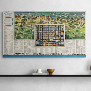 Mapa de Chicago ciudad anfitriona de la nación 1947 mapa antiguo calles antiguas impresión lago Michigan cartel vintage medio oeste pared arte retro decoración del hogar regalo