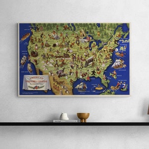 Mapa vintage Folclore y leyendas estadounidenses Historia de EE. UU. Historias locales ilustradas Póster de EE. UU. Arte de pared Decoración del hogar Regalo Boho Tradcore
