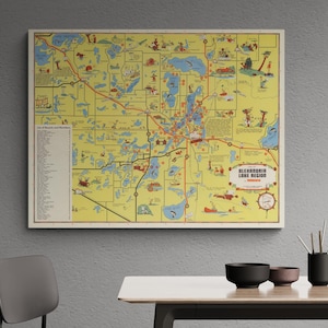 Vintage 1955 Alexandria Lake Region Karte - Antiker Minnesota Reisedruck, USA illustriertes Plakat, Retro Wandkunst, historisches Wohndekor Geschenk
