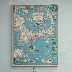 Tableau photo vintage de Cape Cod Marthas Vineyard & Nantucket, 1955 Old USA, carte, impression antique, affiche murale, art rétro, décoration d'intérieur, cadeau